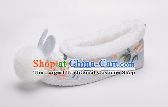 China Ming Dynasty Princess Shoes Classical Blue Brocade Shoes Traditional Embroidered Hanfu Shoes