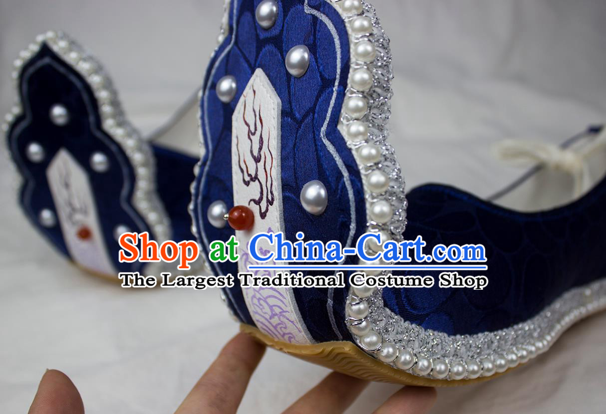 China Classical Royalblue Brocade Shoes Traditional Wedding Hanfu Pearls Shoes Tang Dynasty Princess Shoes