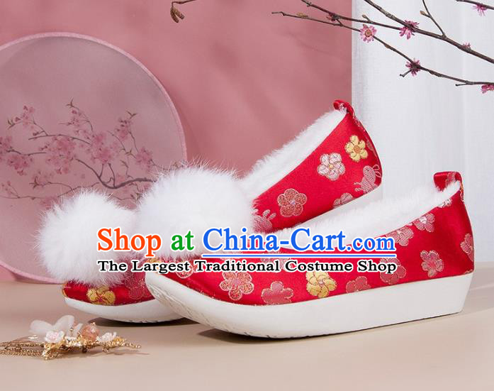 China Traditional Wedding Satin Shoes Song Dynasty Noble Lady Hanfu Shoes Classical Red Brocade Shoes