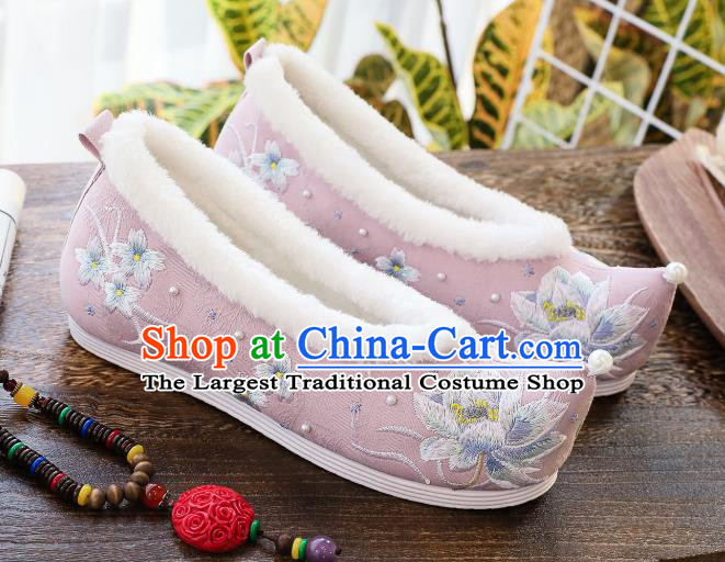 China Traditional Winter Pink Cloth Shoes Hanfu Shoes Classical Embroidered Lotus Shoes