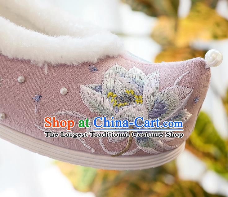 China Traditional Winter Pink Cloth Shoes Hanfu Shoes Classical Embroidered Lotus Shoes
