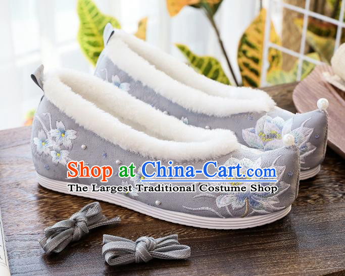 China Hanfu Shoes Classical Embroidered Lotus Shoes Traditional Winter Grey Cloth Shoes
