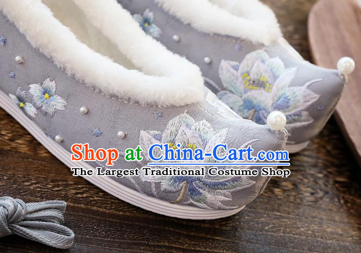 China Hanfu Shoes Classical Embroidered Lotus Shoes Traditional Winter Grey Cloth Shoes