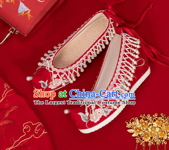 China Classical Embroidered Shoes Hanfu Bow Shoes Traditional Wedding Red Cloth Shoes