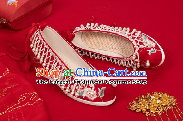 China Classical Embroidered Shoes Hanfu Bow Shoes Traditional Wedding Red Cloth Shoes