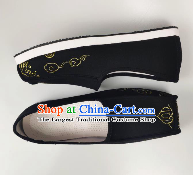Chinese Handmade Ancient Scholar Black Cloth Shoes Traditional Ming Dynasty Embroidered Shoes