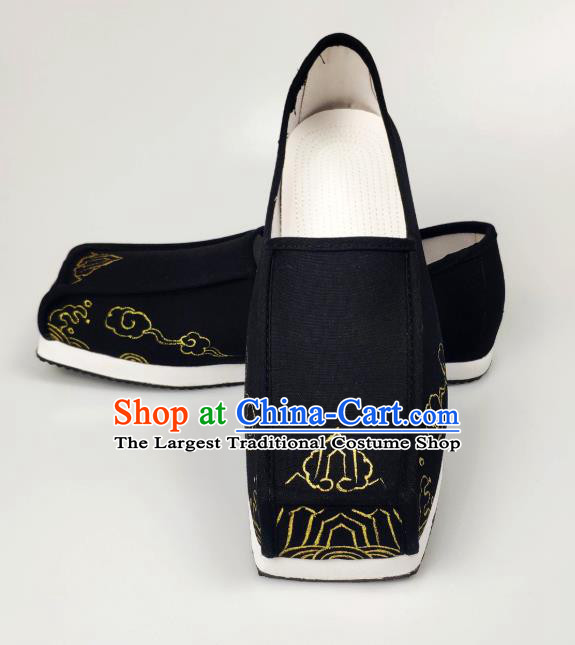 Chinese Handmade Ancient Scholar Black Cloth Shoes Traditional Ming Dynasty Embroidered Shoes