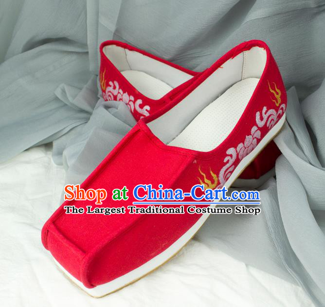 Chinese Traditional Ming Dynasty Bridegroom Shoes Handmade Ancient Scholar Red Cloth Shoes