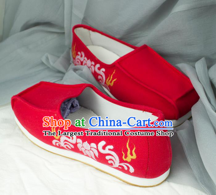 Chinese Traditional Ming Dynasty Bridegroom Shoes Handmade Ancient Scholar Red Cloth Shoes