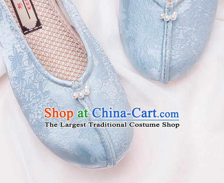 China Classical Blue Satin Shoes Hanfu Shoes Traditional Ming Dynasty Women Shoes