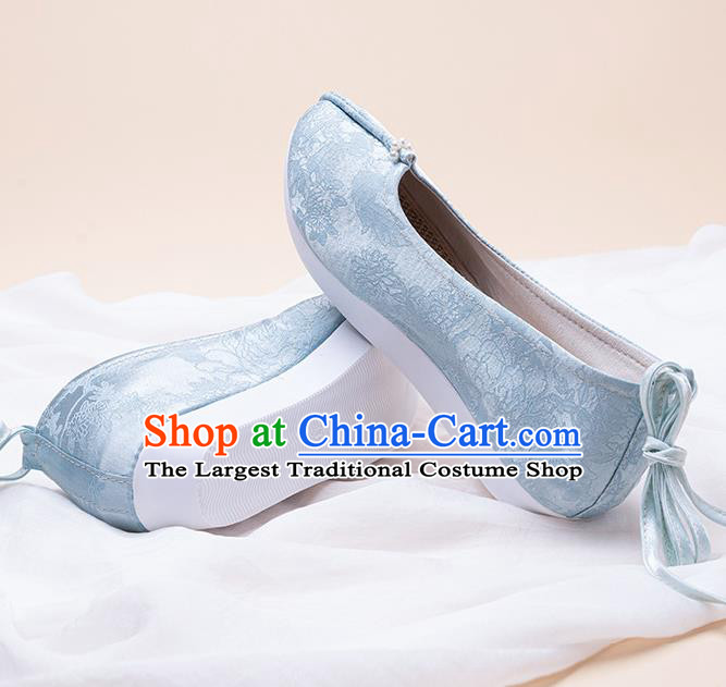 China Classical Blue Satin Shoes Hanfu Shoes Traditional Ming Dynasty Women Shoes