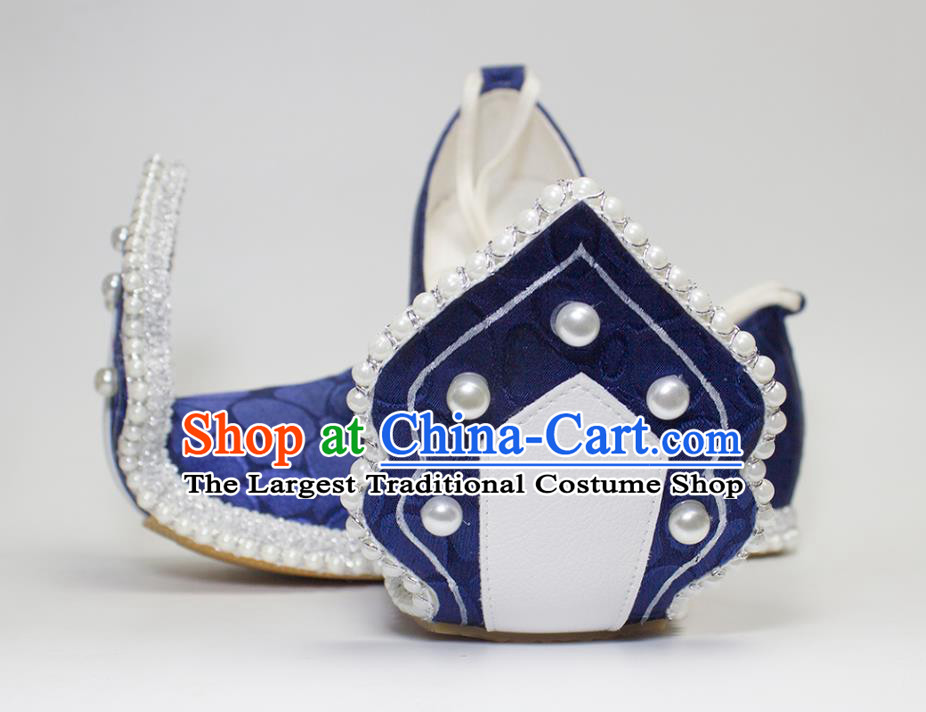 China Tang Dynasty Hanfu Shoes Classical Royalblue Brocade Shoes Traditional Wedding Pearls Shoes
