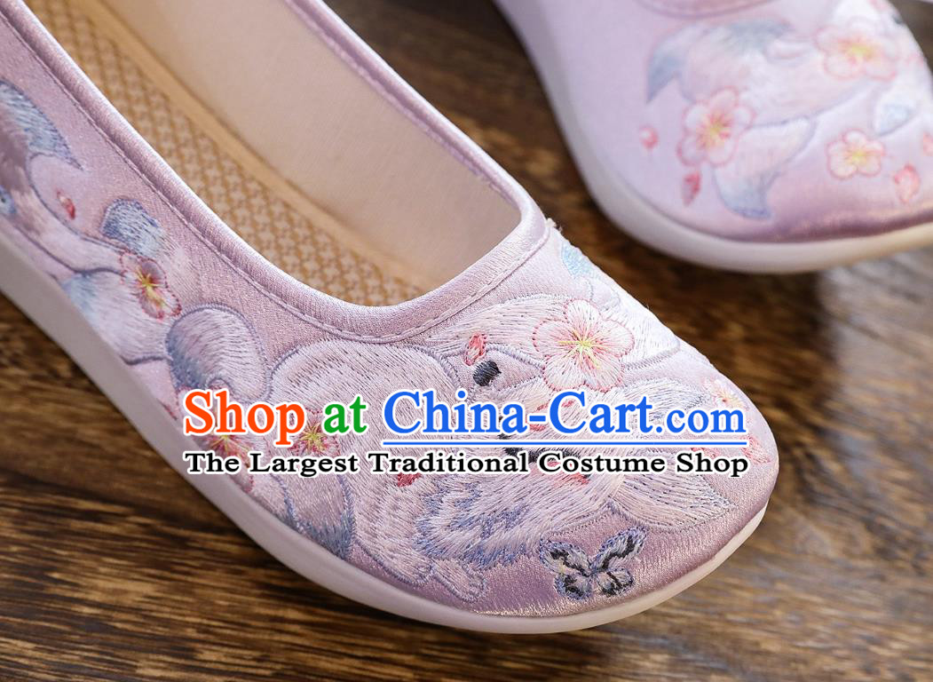 China Winter Women Shoes Classical Embroidered Fox Lilac Satin Shoes Traditional Hanfu Shoes
