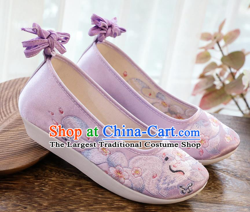 China Winter Women Shoes Classical Embroidered Fox Lilac Satin Shoes Traditional Hanfu Shoes