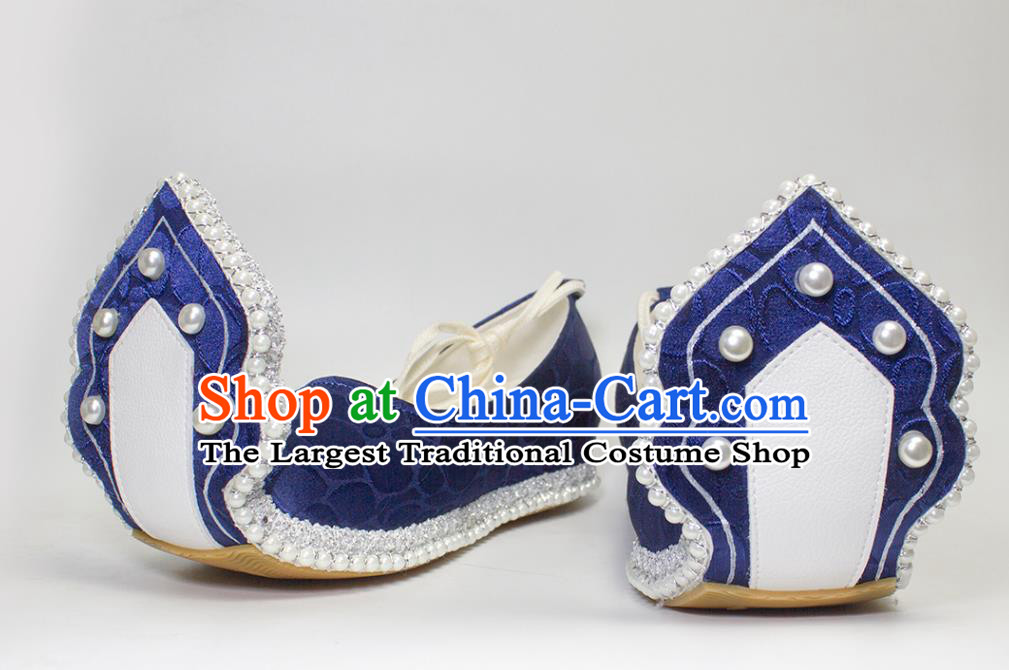China Tang Dynasty Hanfu Shoes Classical Royalblue Brocade Shoes Traditional Wedding Pearls Shoes