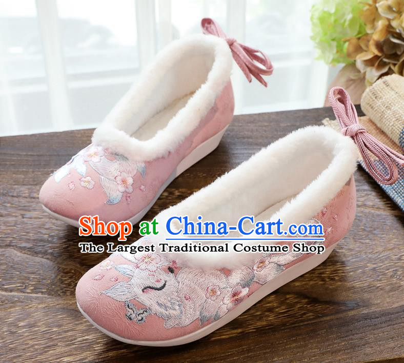 China Winter Pink Cloth Shoes Classical Embroidered Fox Shoes Traditional Women Hanfu Shoes