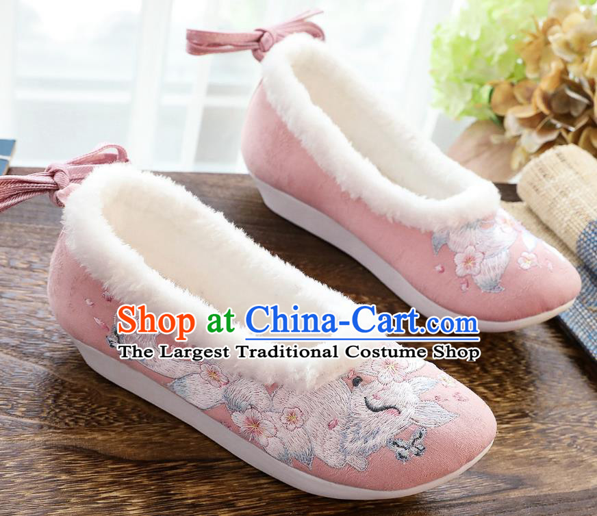 China Winter Pink Cloth Shoes Classical Embroidered Fox Shoes Traditional Women Hanfu Shoes