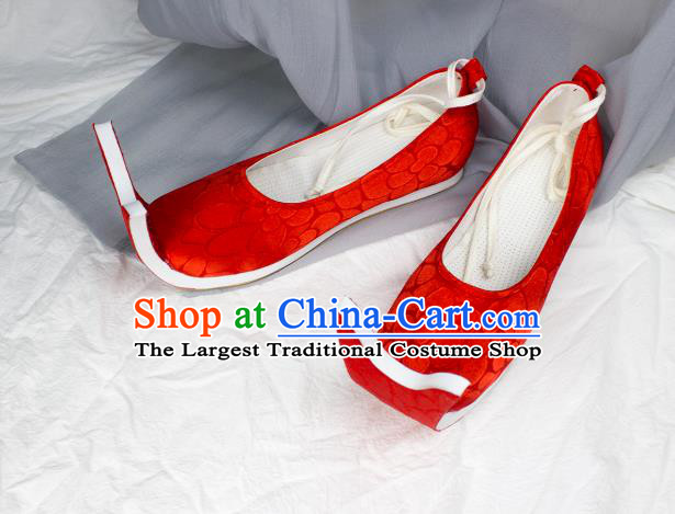 China Traditional Jin Dynasty Palace Lady Shoes Red Brocade Shoes Classical Wedding Shoes