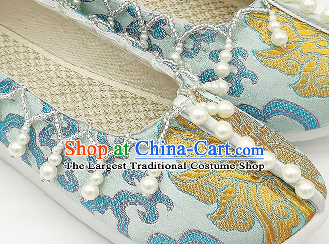 China Handmade Light Blue Brocade Shoes Traditional Song Dynasty Princess Shoes Classical Pearls Shoes