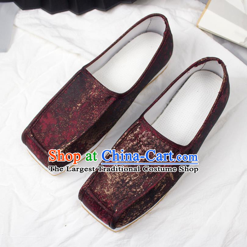 Chinese Traditional Song Dynasty Scholar Shoes Handmade Ancient Official Dark Red Satin Shoes