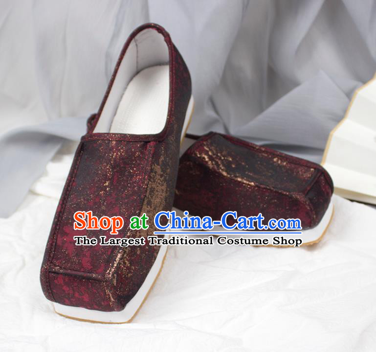Chinese Traditional Song Dynasty Scholar Shoes Handmade Ancient Official Dark Red Satin Shoes