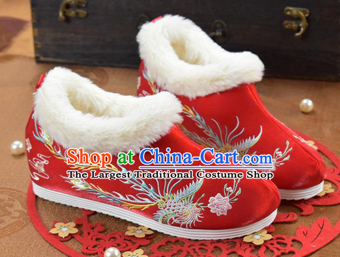 China National Ankle Boots Embroidered Phoenix Red Cloth Shoes Traditional Winter Shoes