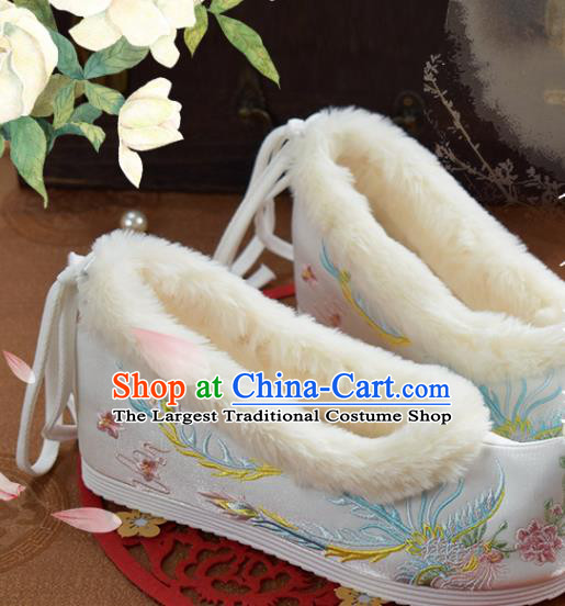 China National Embroidered Phoenix White Cloth Shoes Traditional Hanfu Shoes Winter Shoes