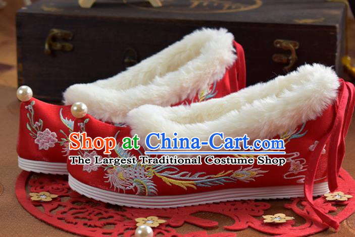 China Traditional Hanfu Shoes National Embroidered Phoenix Red Cloth Shoes Winter Wedding Shoes