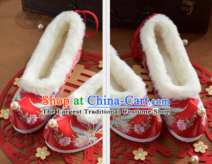 China Traditional Hanfu Shoes National Embroidered Phoenix Red Cloth Shoes Winter Wedding Shoes