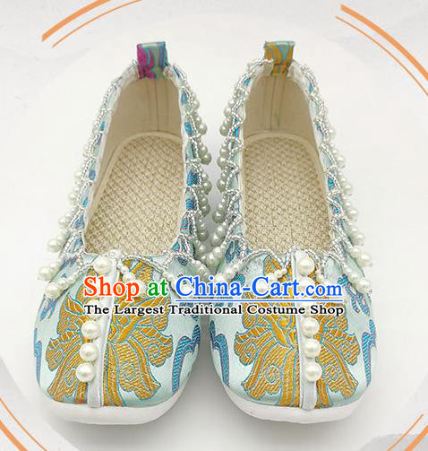 China Handmade Light Blue Brocade Shoes Traditional Song Dynasty Princess Shoes Classical Pearls Shoes