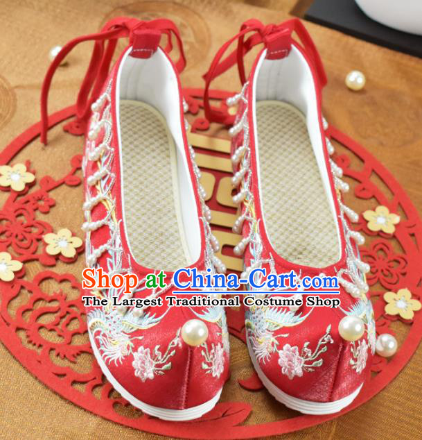 China Traditional Wedding Shoes Women Hanfu Shoes National Embroidered Phoenix Red Cloth Shoes