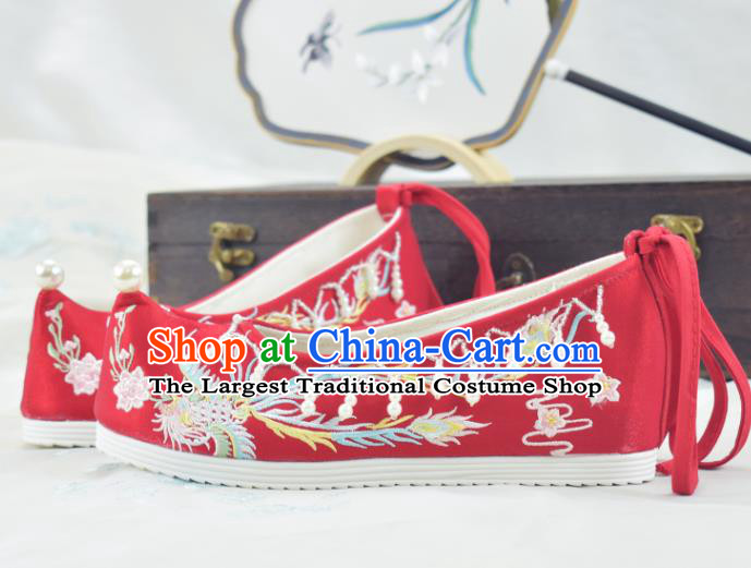 China Traditional Wedding Shoes Women Hanfu Shoes National Embroidered Phoenix Red Cloth Shoes