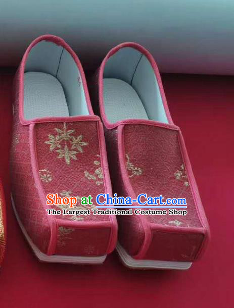 Chinese Traditional Song Dynasty Scholar Hanfu Shoes Ancient Official Shoes Handmade Wine Red Satin Shoes