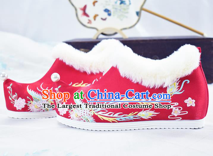 China Traditional Winter Shoes Women Hanfu Shoes National Embroidered Phoenix Shoes Red Cloth Shoes
