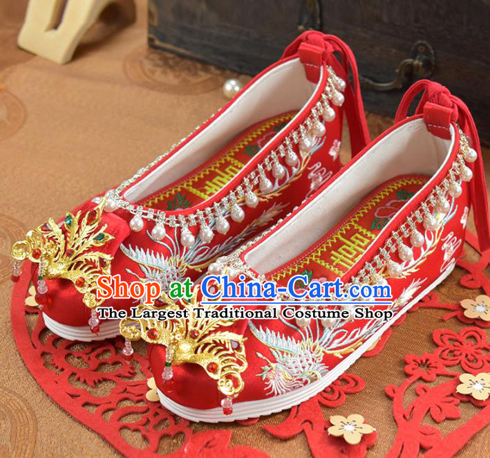 China Wedding Shoes Traditional Xiuhe Suit Red Cloth Shoes Women Golden Phoenix Shoes