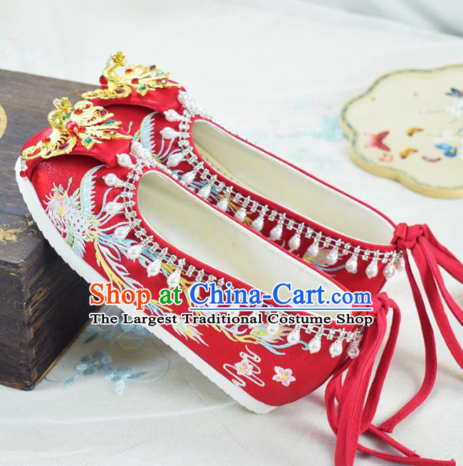China Wedding Shoes Traditional Xiuhe Suit Red Cloth Shoes Women Golden Phoenix Shoes