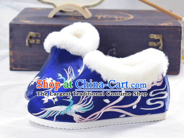 China Royalblue Cloth Shoes Traditional Wedding Shoes National Embroidered Phoenix Shoes