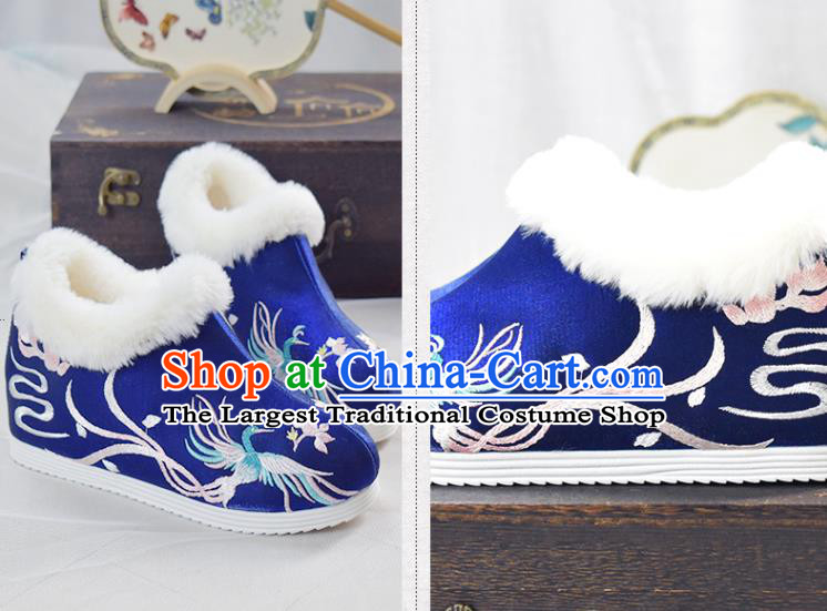 China Royalblue Cloth Shoes Traditional Wedding Shoes National Embroidered Phoenix Shoes