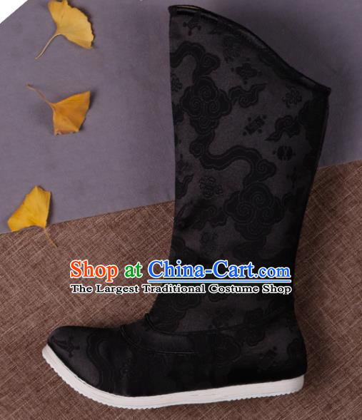 Chinese Ancient Swordsman Shoes Handmade Traditional Ming Dynasty Imperial Guard Black Brocade Boots