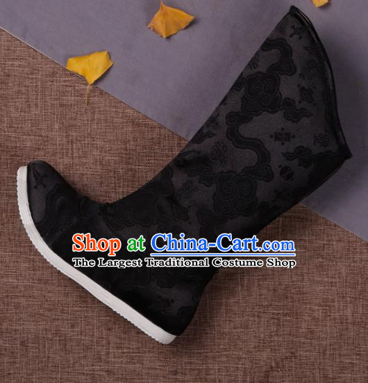 Chinese Ancient Swordsman Shoes Handmade Traditional Ming Dynasty Imperial Guard Black Brocade Boots