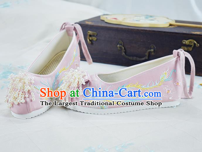 China Wedding Beads Tassel Shoes Traditional Xiuhe Suit Shoes Women Pink Embroidered Shoes