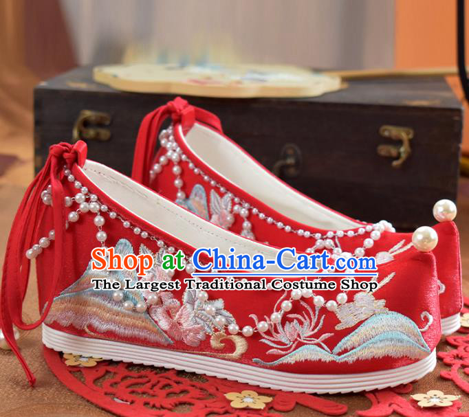 China Traditional Wedding Hanfu Shoes Women Red Embroidered Shoes National Beads Shoes