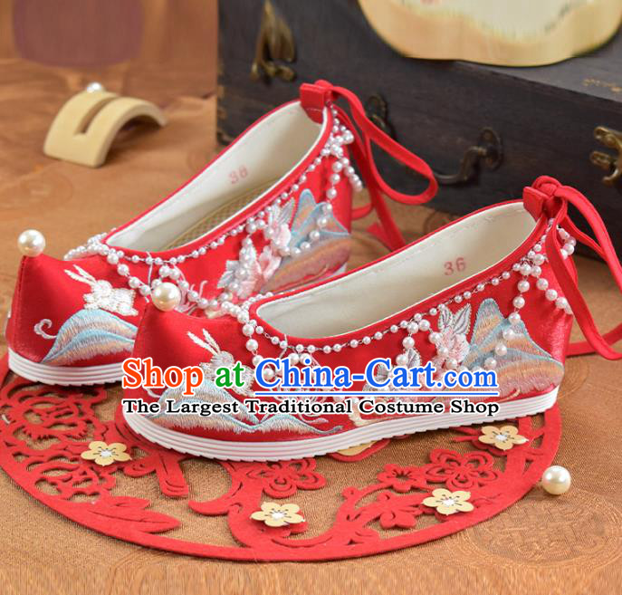 China Traditional Wedding Hanfu Shoes Women Red Embroidered Shoes National Beads Shoes