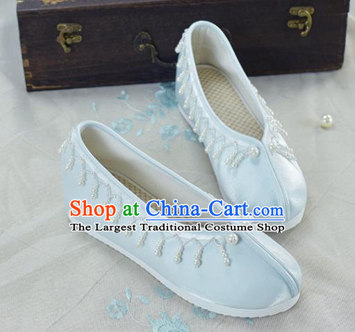 China National Women Shoes Traditional Hanfu Shoes Light Blue Satin Shoes