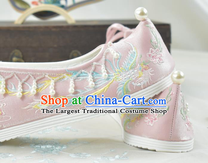 China Traditional Women Hanfu Shoes Pink Embroidered Shoes National Beads Tassel Shoes