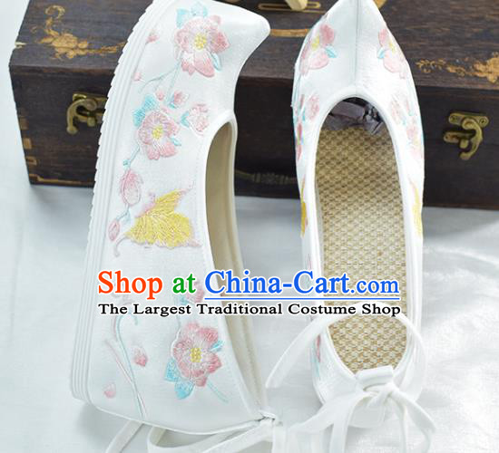 China Women White Cloth Shoes Traditional Hanfu Bow Shoes Embroidered Peach Blossom Shoes National Shoes