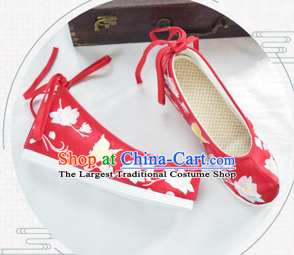 China National Wedding Shoes Women Red Cloth Shoes Traditional Hanfu Bow Shoes Embroidered Peach Blossom Shoes