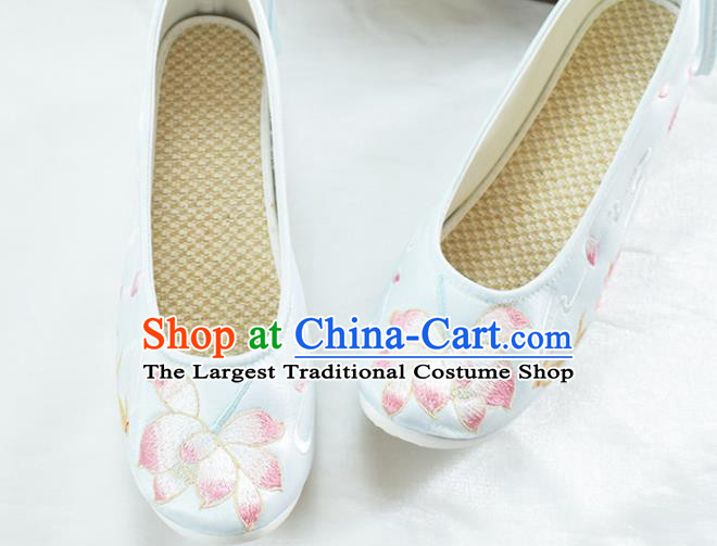China National Shoes Traditional Embroidered Lotus Shoes Women Light Blue Satin Shoes