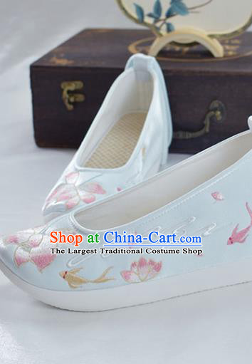 China National Shoes Traditional Embroidered Lotus Shoes Women Light Blue Satin Shoes