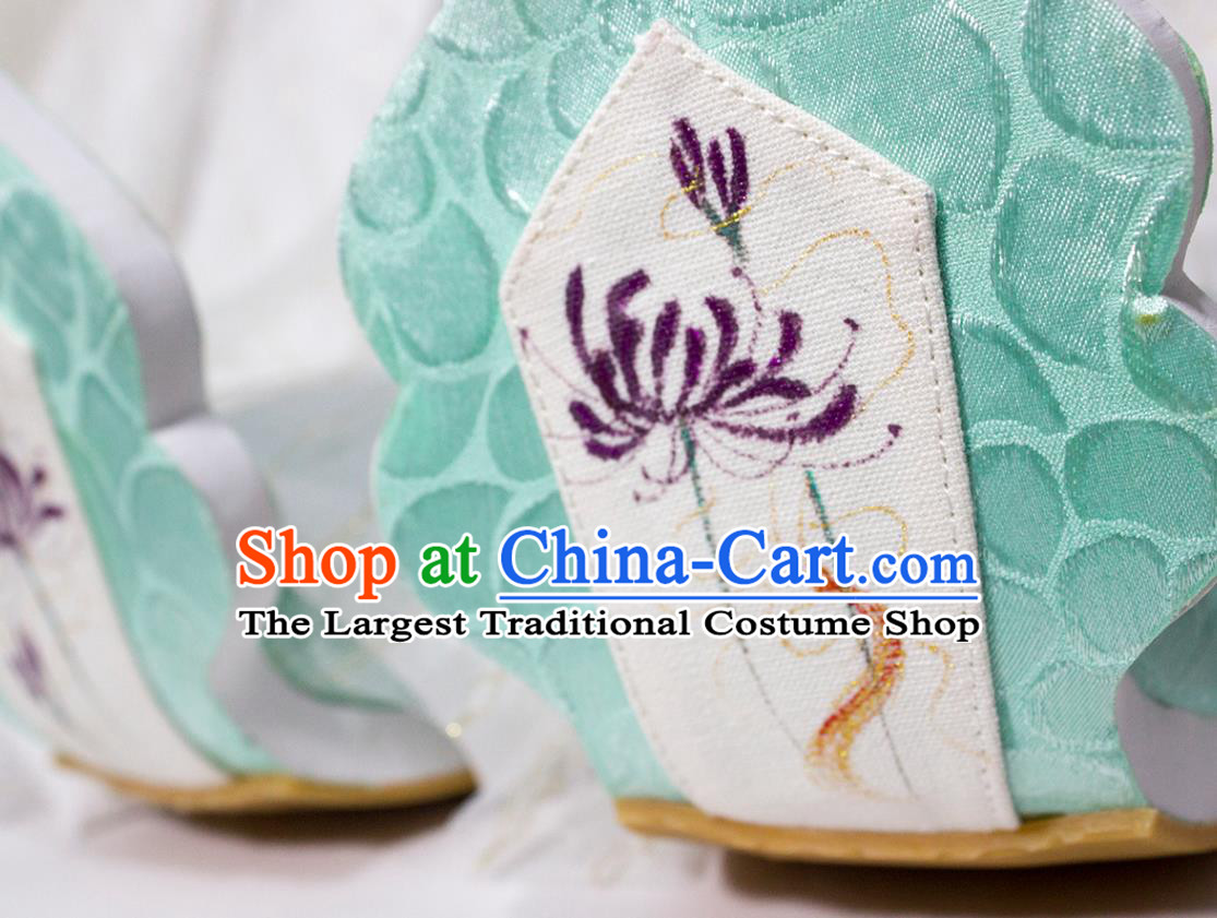 China Traditional Tang Dynasty Princess Shoes Classical Painting Manjusaka Shoes Handmade Light Green Brocade Shoes